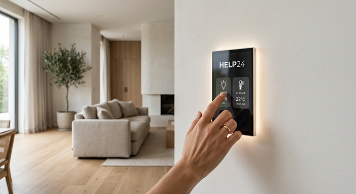 Intégration domotique et contrôle des éclairages sur écran connecté tactile Help24 dans une maison intelligente à Casablanca
