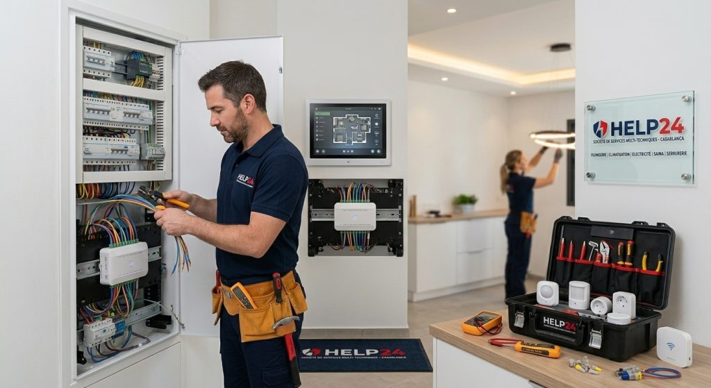 Électricien professionnel Help24 en train d'installer un tableau électrique et un système de domotique au Maroc
