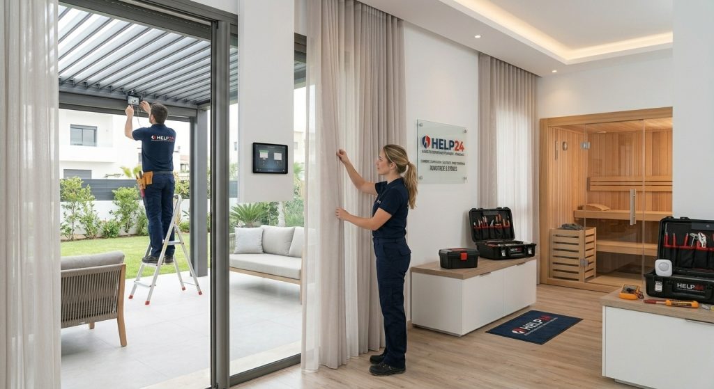 Installation sur mesure de pergola, sauna, stores et volets roulants par les équipes Help24 au Maroc