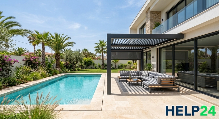 Aménagement extérieur de luxe avec pergola bioclimatique et menuiserie aluminium pour villa à Casablanca