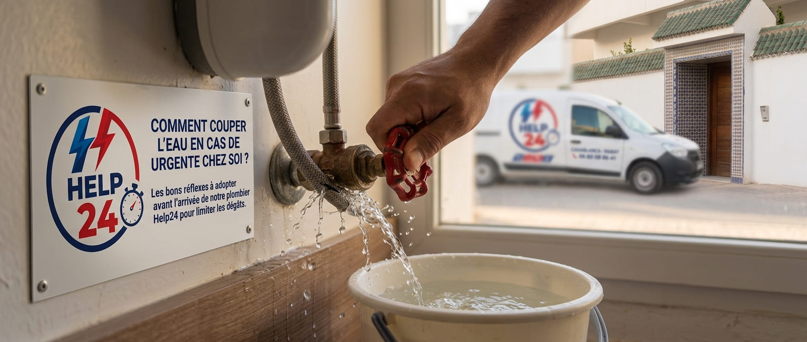 Technicien plombier Help24 fermant une vanne d'arrêt lors d'une fuite d'eau urgente au Maroc