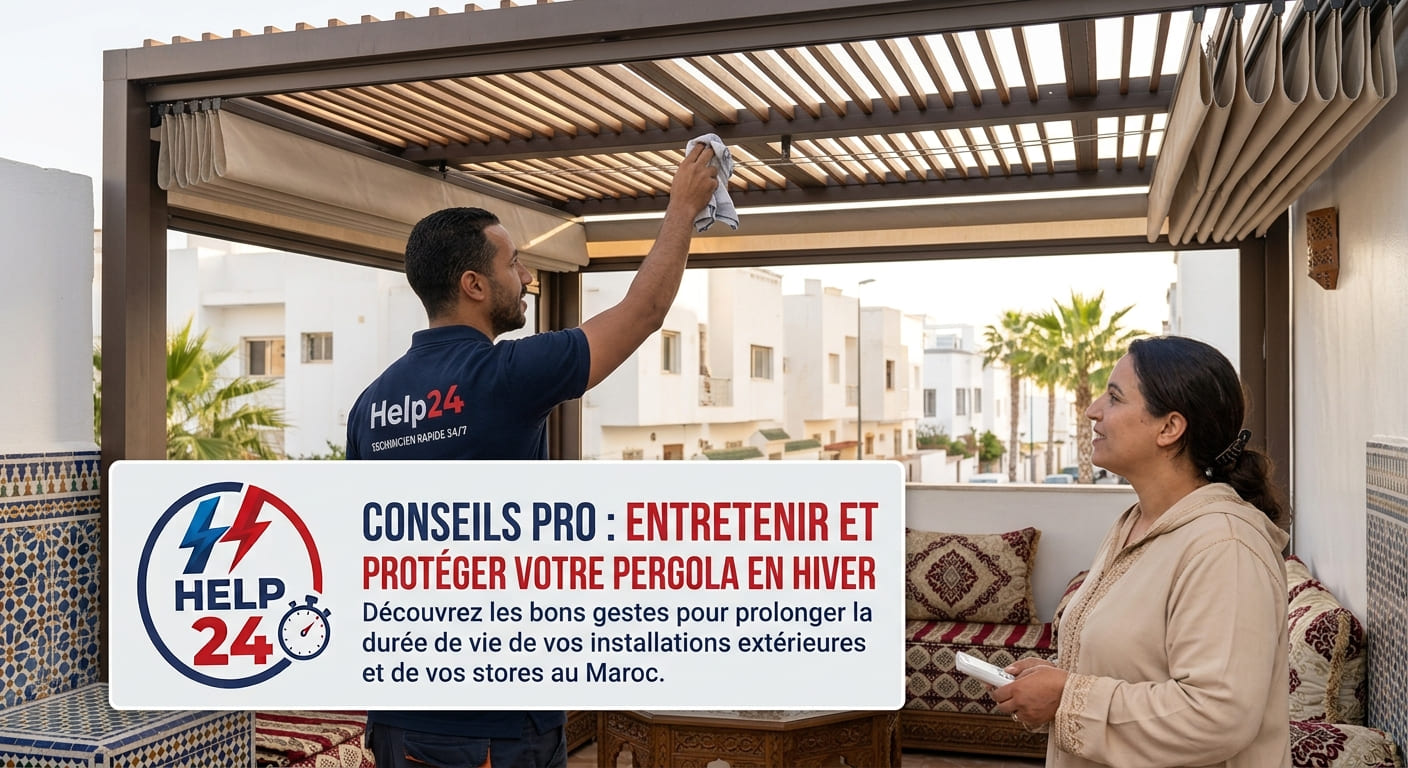 Technicien Help24 qui nettoie et entretient une pergola en aluminium au Maroc