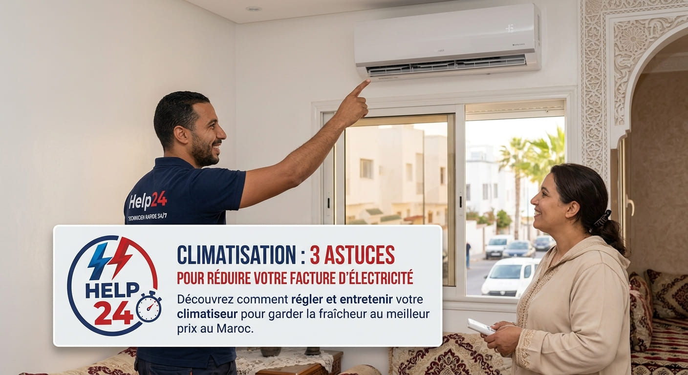 Technicien Help24 montrant comment régler un climatiseur pour réduire sa facture au Maroc