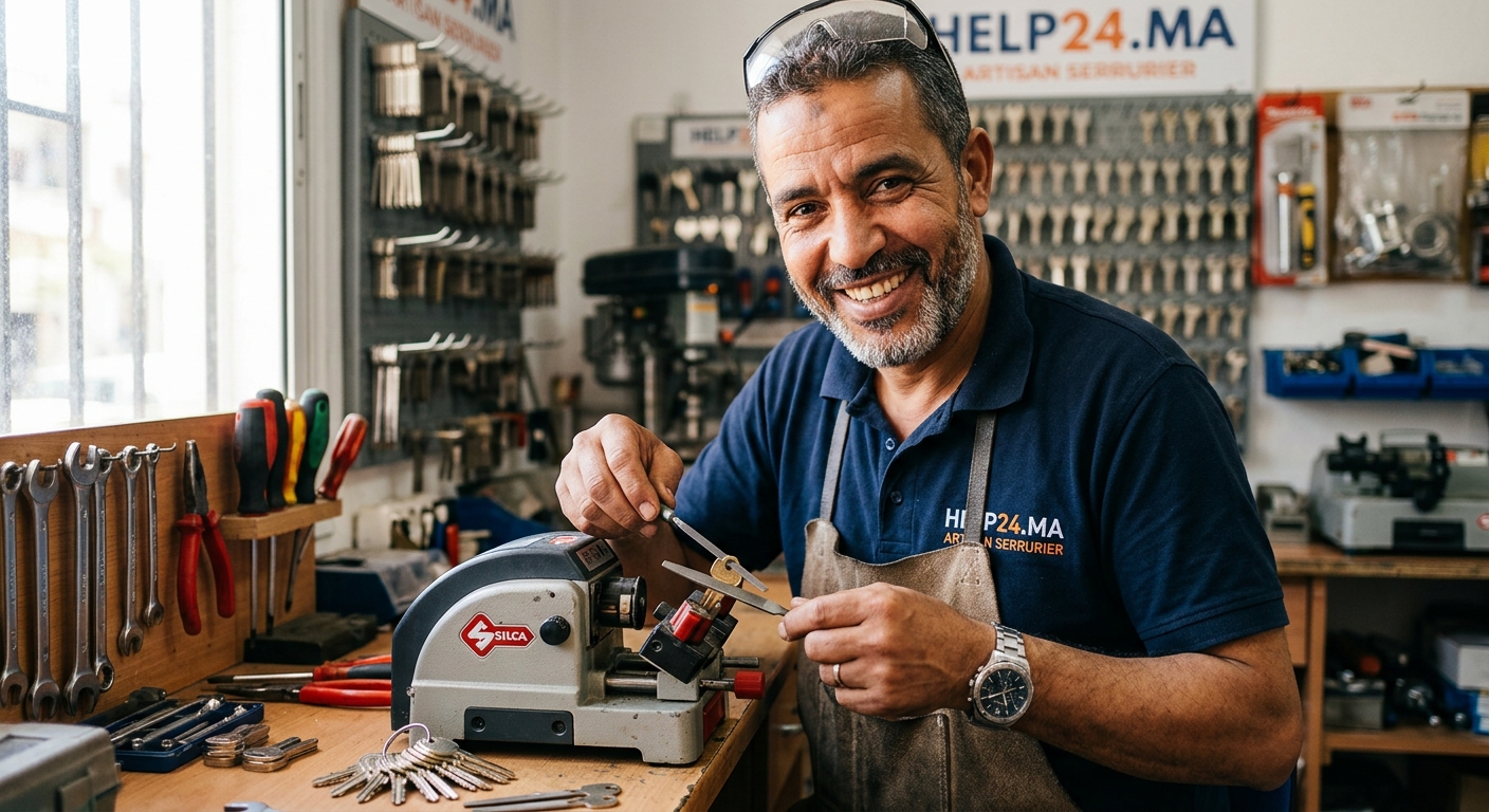 Artisan serrurier professionnel de l'entreprise Help24 souriant dans son atelier à Casablanca